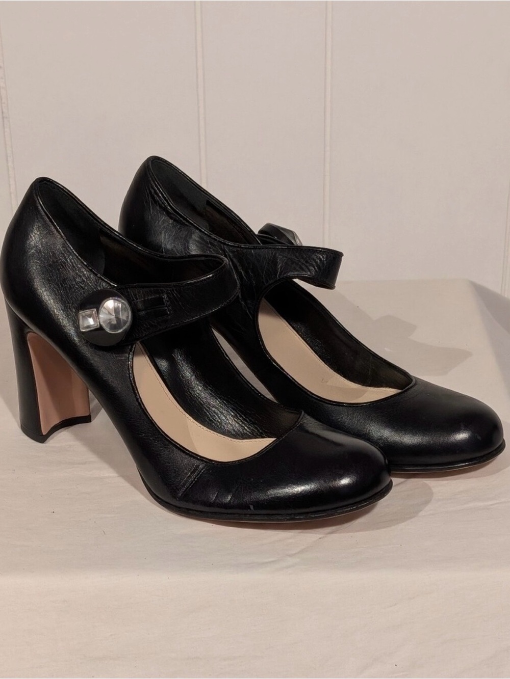 Prada Black Leather Mary Jane Block Heel Pumps